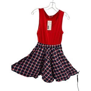 NWT Meaneor Women's Red and Blue Plaid High Waist Sleeveless Mini Dress